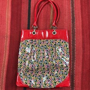 Vintage Vera Bradley Red Patent Trim Multicolor Daisy Floral Tote Bag